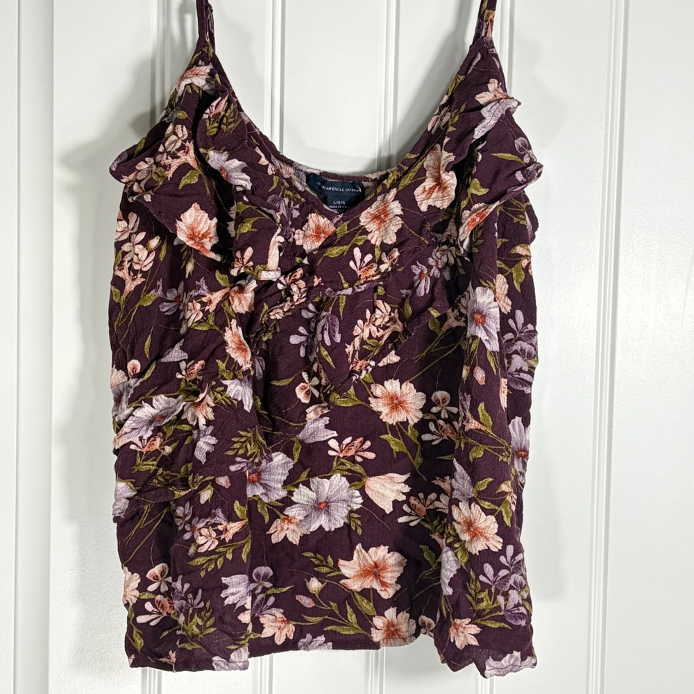 American Eagle Floral Ruffle Cami Top Burgundy Purple Boho Strappy Large